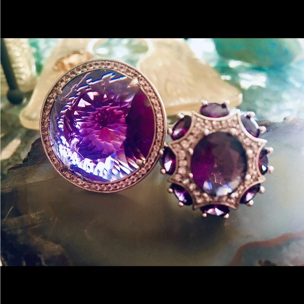 Vintage Pair  Silver 925 Amethyst & Clear Topaz Cocktail Ring both SZ 10 - Picture 3 of 14